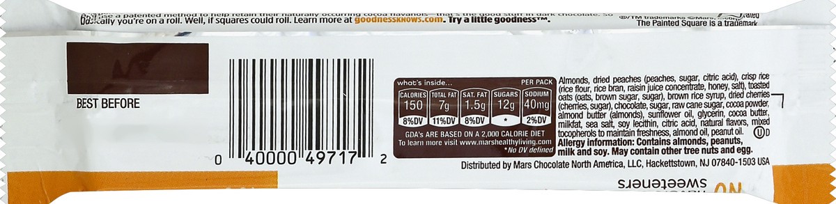 slide 5 of 6, goodnessKNOWS, Peach And Cherry Almond Dark Chocolate Snack Squares, 1.2 oz, 1 oz