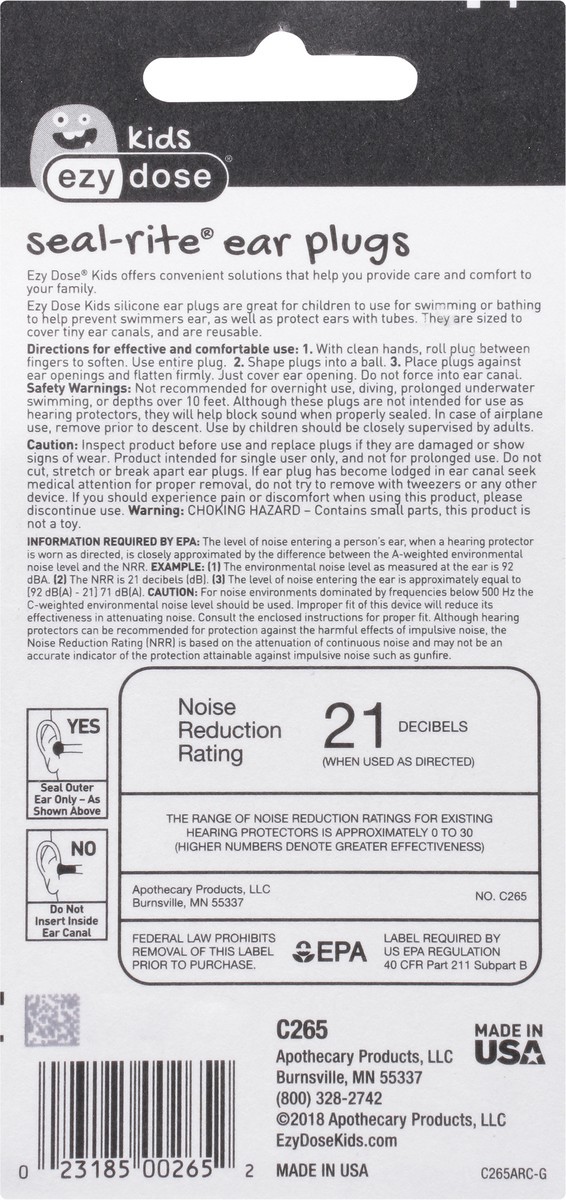 slide 5 of 9, EZY Dose Kids Silicone Seal-Rite Ear Plugs 6 pr, 6 ct