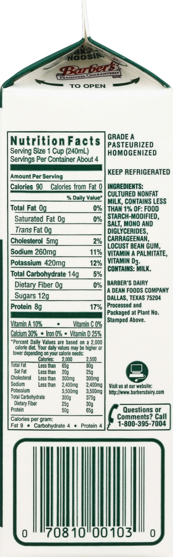 slide 2 of 2, Barber's Dairy DairyPure Nonfat Buttermilk - 1 Quart, 1 qt