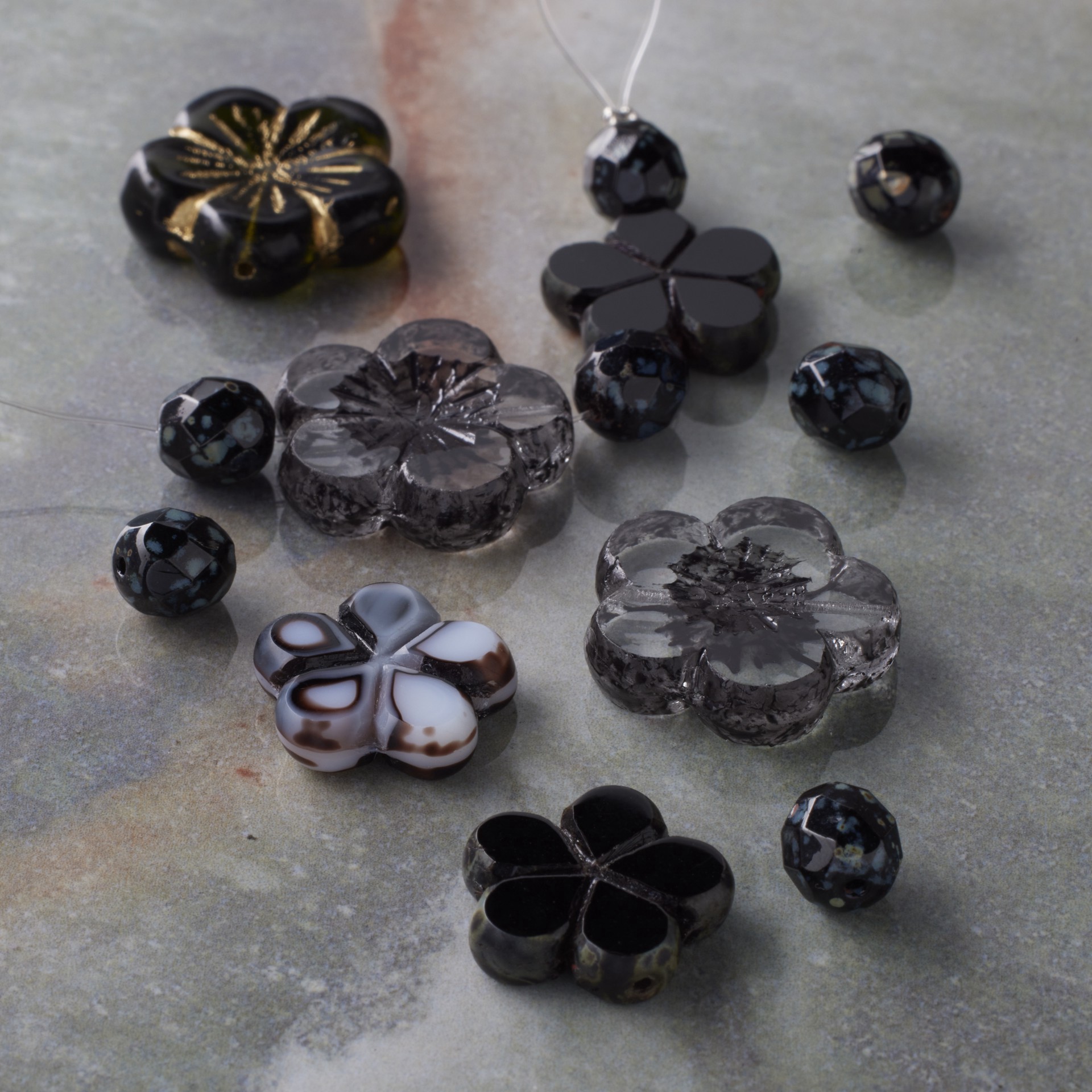 slide 2 of 5, Black Tea Czech Glass Flower Bead Mix By Bead Landing, 7.6mm-21.3mm