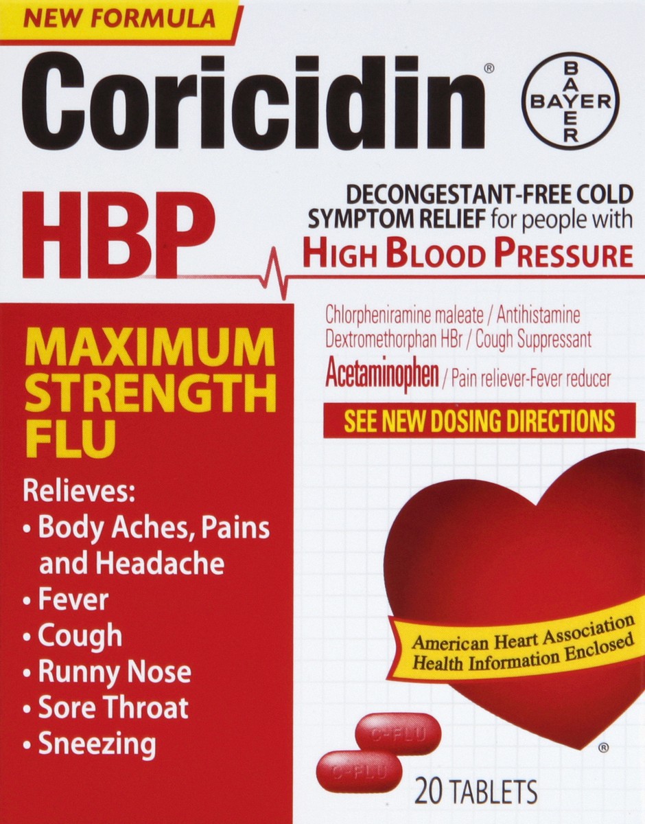 slide 4 of 5, Coricidin Cold Symptom Relief, Maximum Strength Flu, Decongestant-Free, Tablets, 20 ct