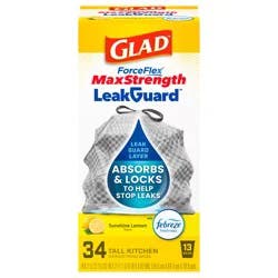 Glad ForceFlex MaxStrength LeakGuard Tall Kitchen Drawstring Trash Bags, 13 Gallon, Sunshine Lemon Scent with Febreze Freshness, 34 Count
