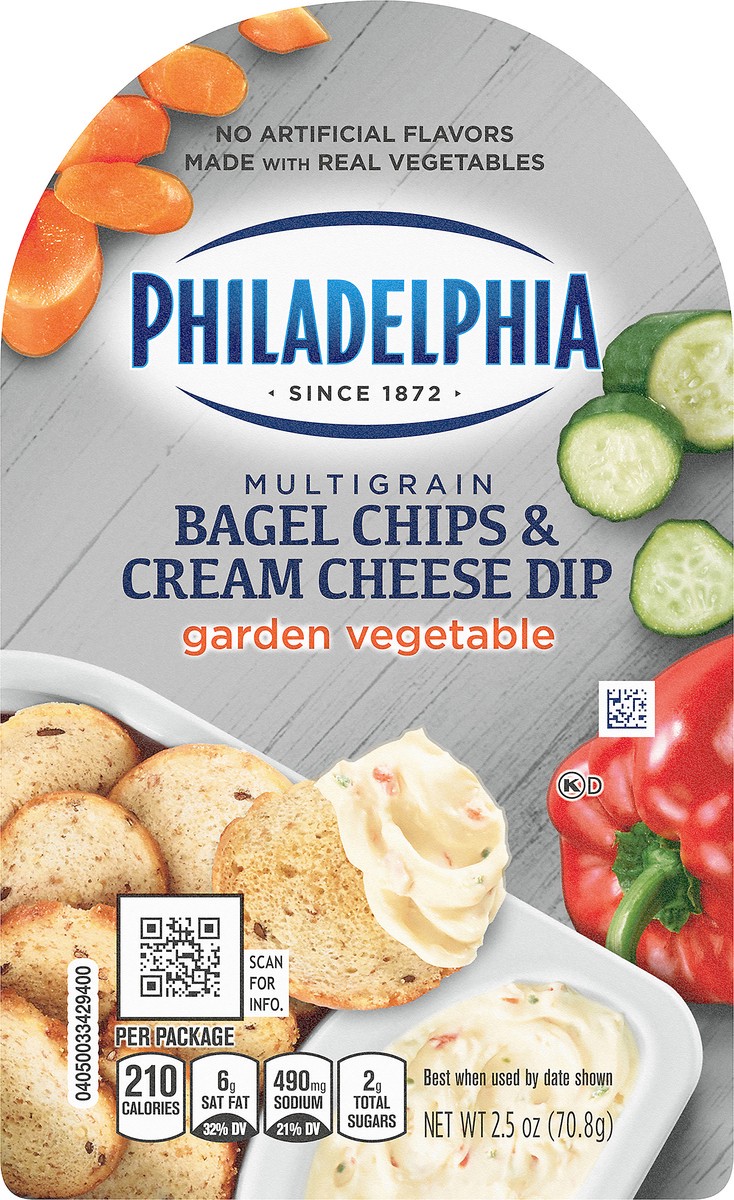 slide 2 of 9, Philadelphia Multigrain Bagel Chips & Garden Vegetable Cream Cheese Dip Snack, 2.5 oz Tray, 2.5 oz