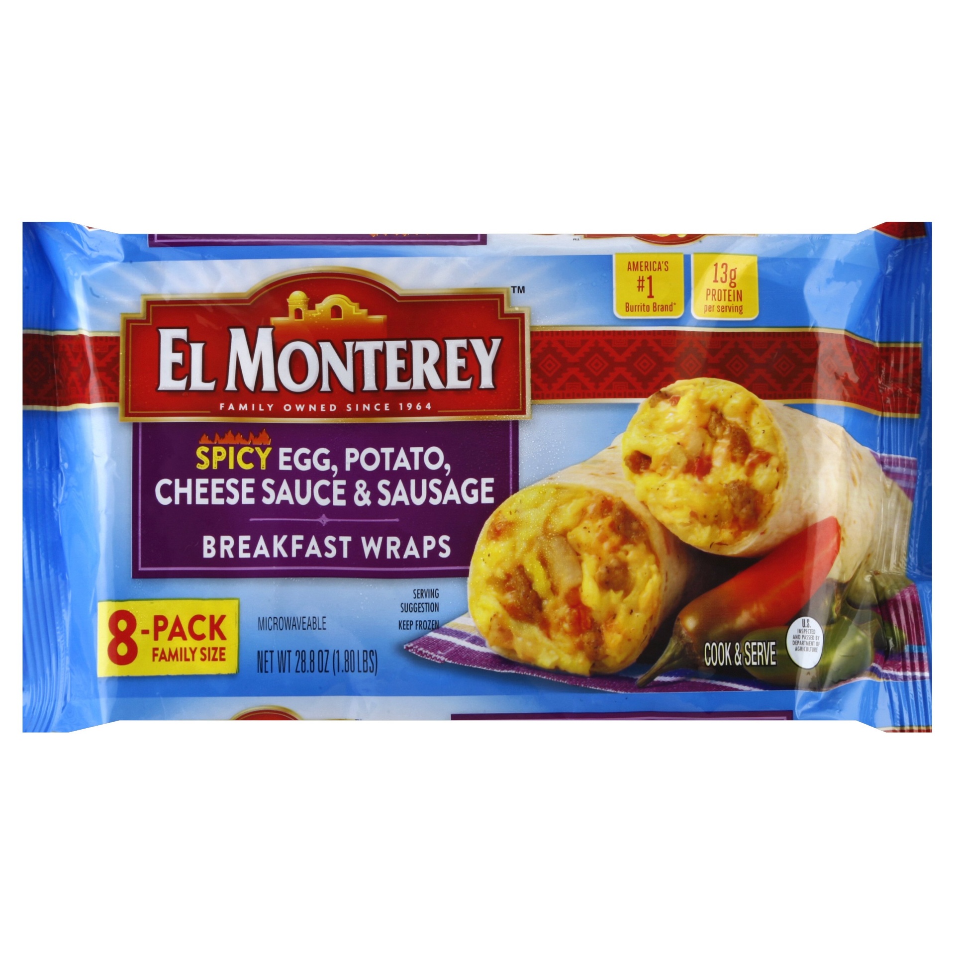 slide 1 of 3, El Monterey Spicy Egg, Potato, Cheese Sauce & Sausage Breakfast Wraps (8Ct), 28.8 oz