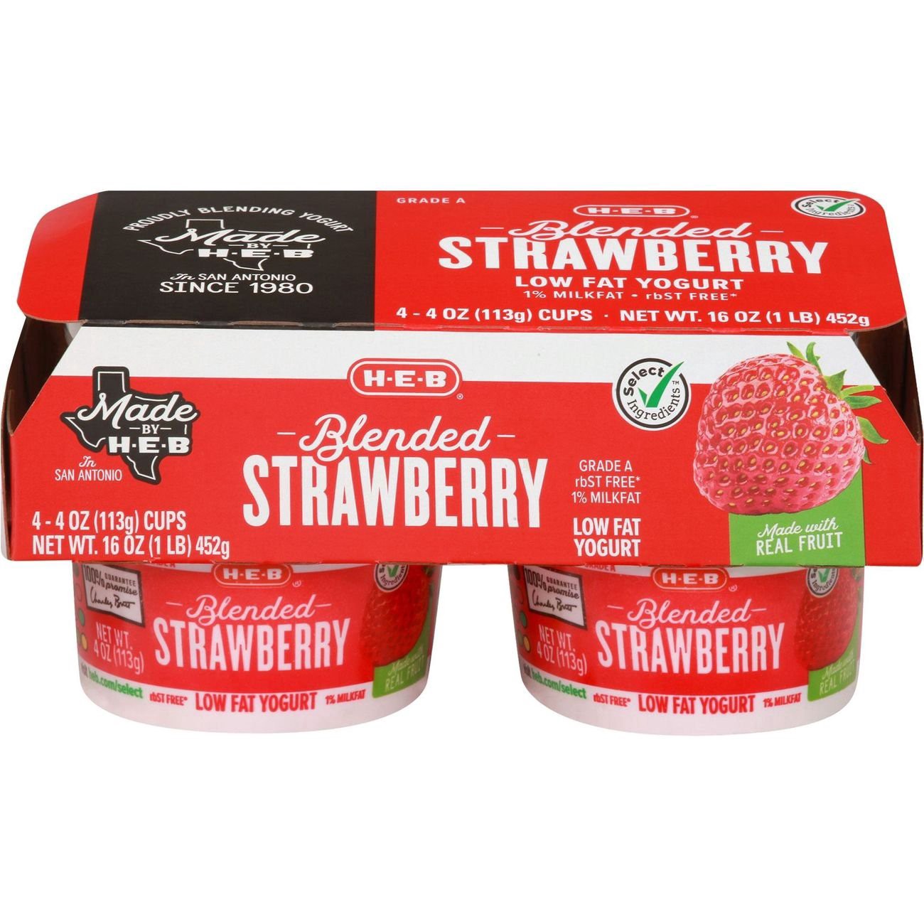 slide 1 of 1, H-E-B Low Fat Blended Strawberry Yogurt, 4 ct