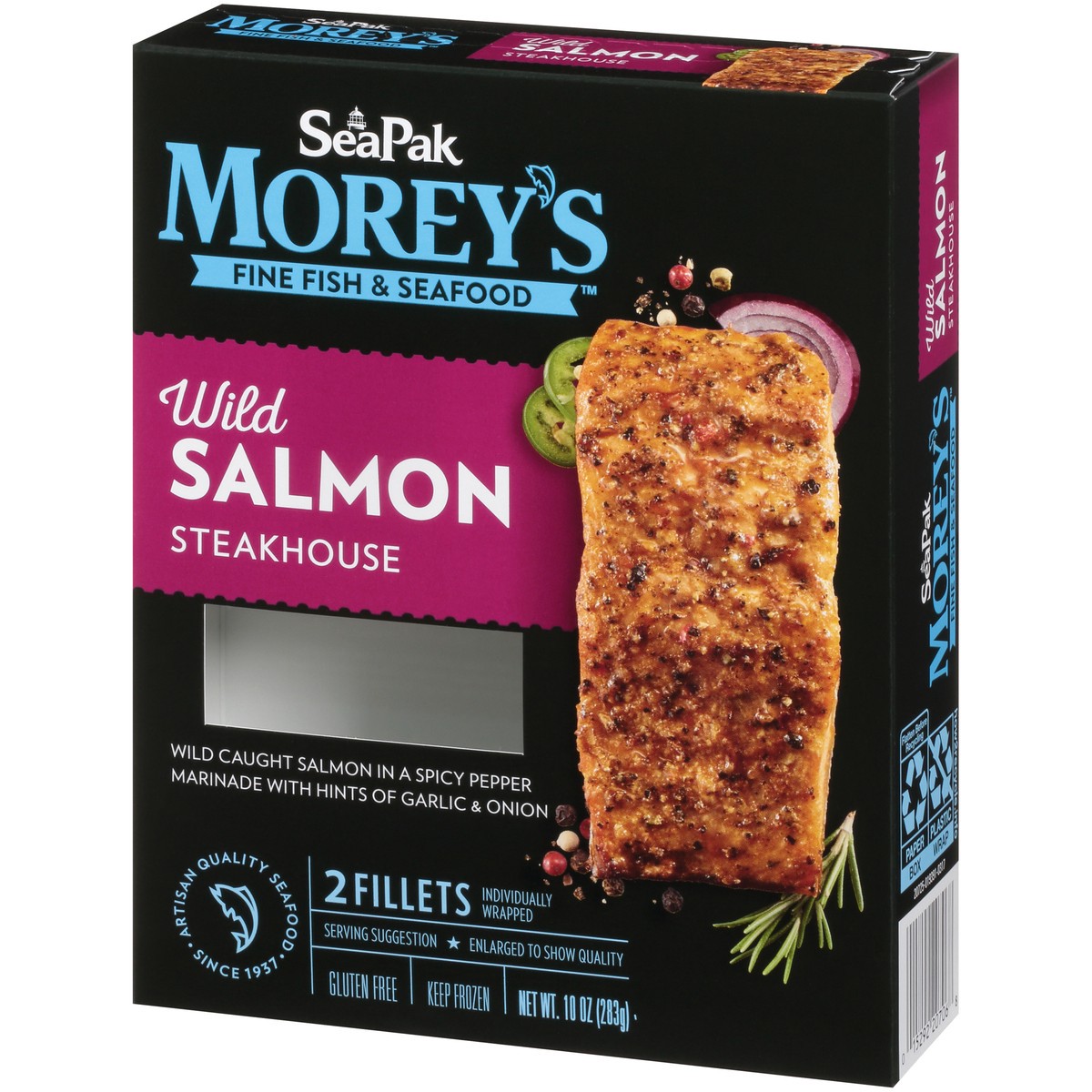 slide 2 of 9, SeaPak Morey's Fine Fish & Seafood Steakhouse Wild Salmon Fillets 2 ct Box, 10 oz