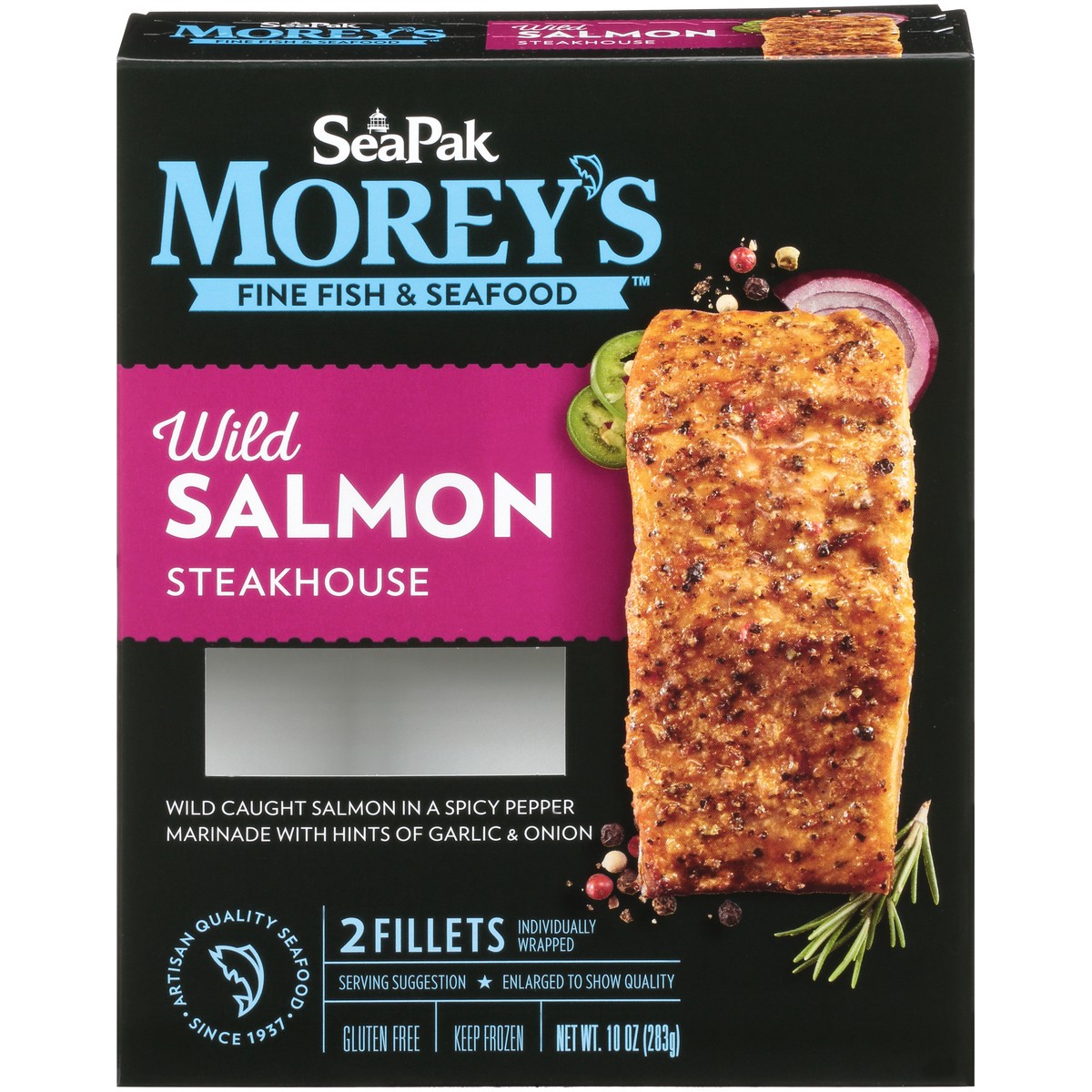 slide 1 of 9, SeaPak Morey's Fine Fish & Seafood Steakhouse Wild Salmon Fillets 2 ct Box, 10 oz