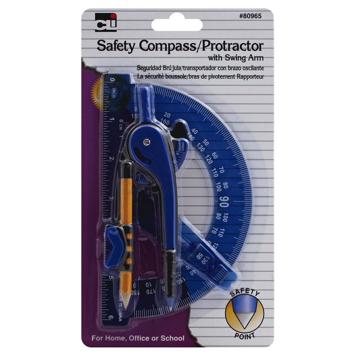 slide 1 of 1, CLi Compass/Protractor, Safety, with Swing Arm, 1 Each, 1 ct