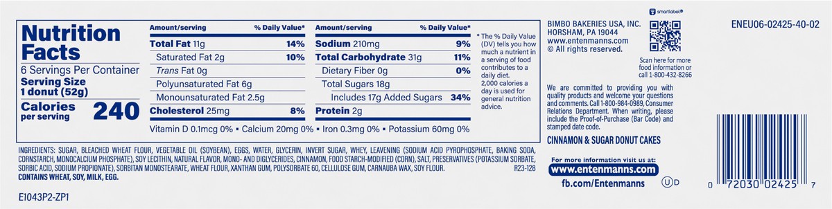 slide 3 of 9, Entenmann's Donut Cakes Cinnamon and Sugar Cake, 6 packs, Donuts, 10.9 oz Box, 11.8 oz