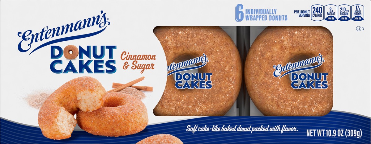 slide 4 of 9, Entenmann's Donut Cakes Cinnamon and Sugar Cake, 6 packs, Donuts, 10.9 oz Box, 11.8 oz