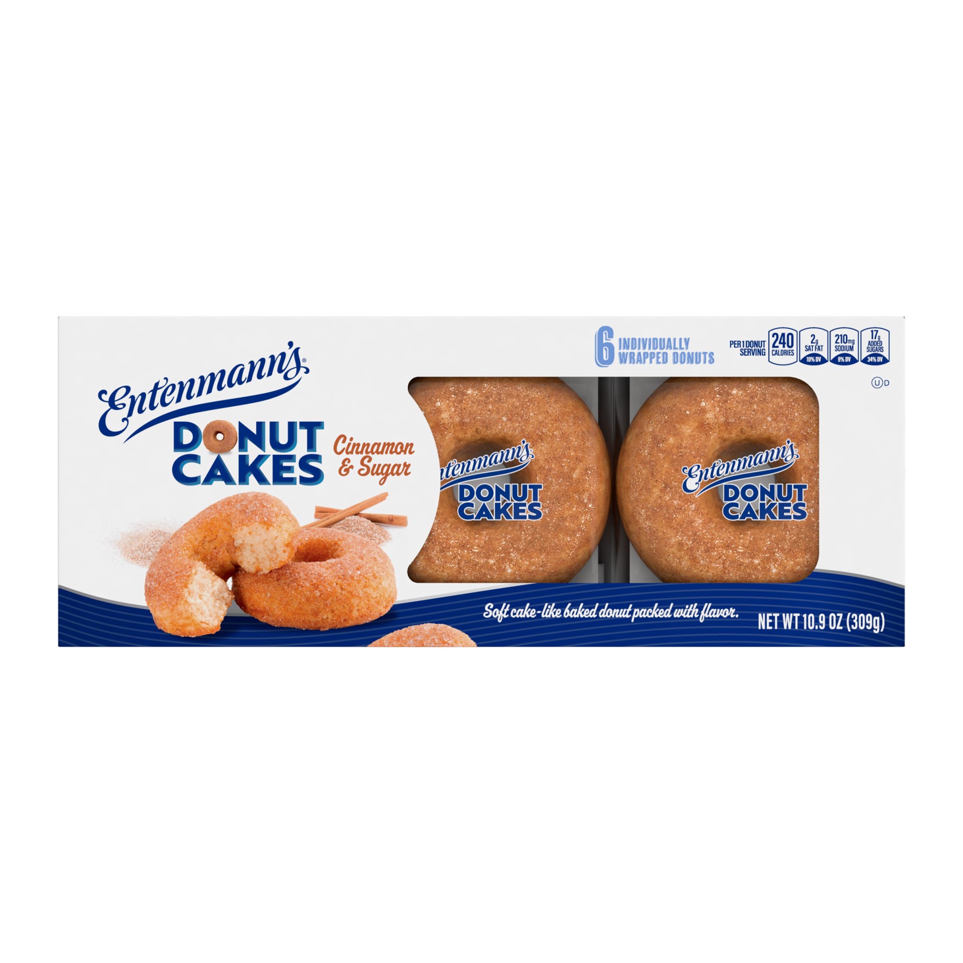 slide 1 of 9, Entenmann's Donut Cakes Cinnamon and Sugar Cake, 6 packs, Donuts, 10.9 oz Box, 11.8 oz