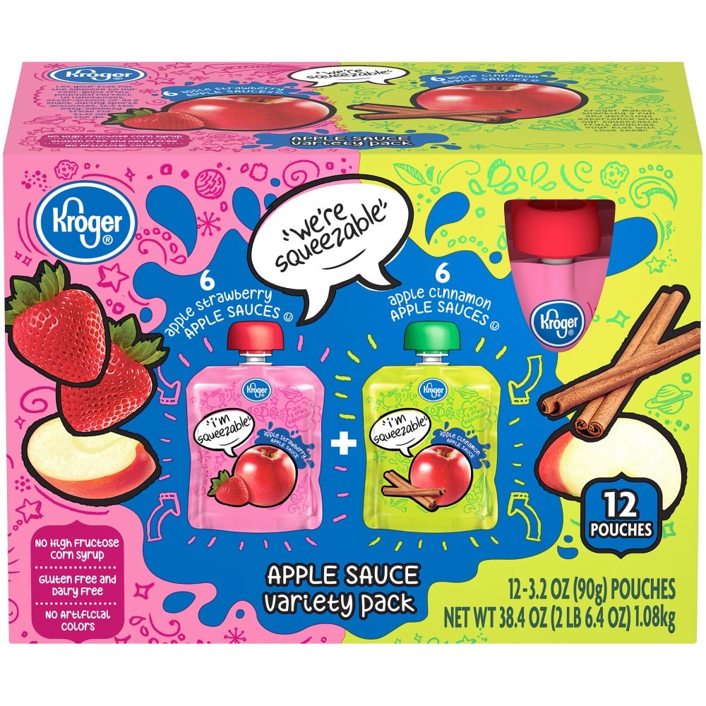 slide 2 of 3, Kroger Apple Cinnamon Apple Strawberry Apple Sauce Variety Pouches, 12 ct; 3.2 oz