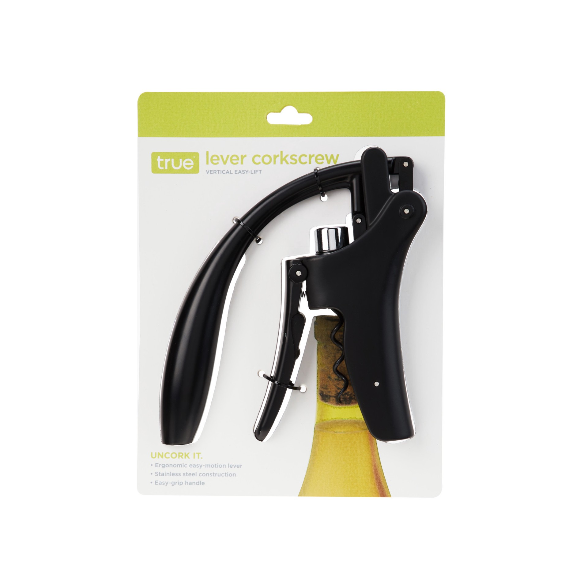 slide 2 of 4, True Lever Corkscrew Vertical Wine Opener, Two-Motion Ergonomic Handle, Non-Stick Worm Black, 1 ct