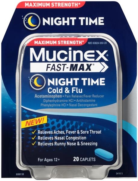 slide 1 of 1, Mucinex Fast-Max Night Time Cold & Flu Caplets, 20 ct