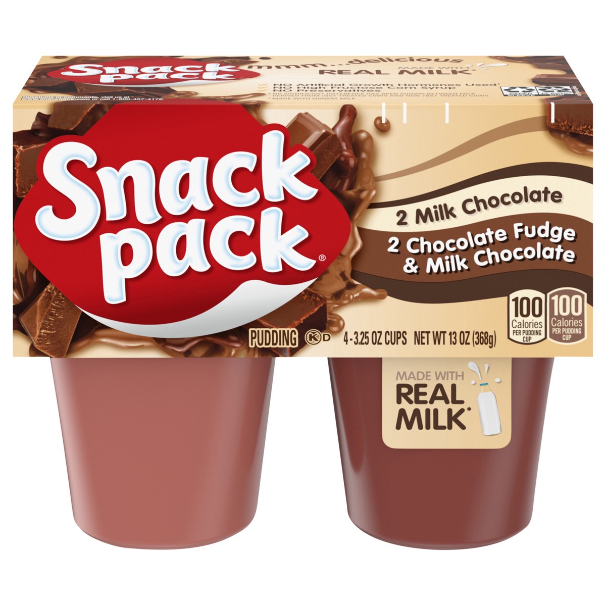 slide 1 of 5, Snack Pack Milk Chocolate and Chocolate Fudge & Milk Chocolate Pudding, 3.25 oz Pudding Cups, 4 Count, 4 ct