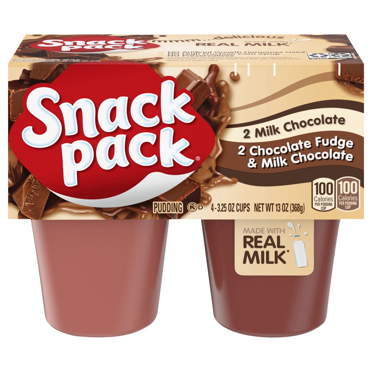slide 1 of 5, Snack Pack Milk Chocolate and Chocolate Fudge & Milk Chocolate Pudding, 3.25 oz Pudding Cups, 4 Count, 4 ct