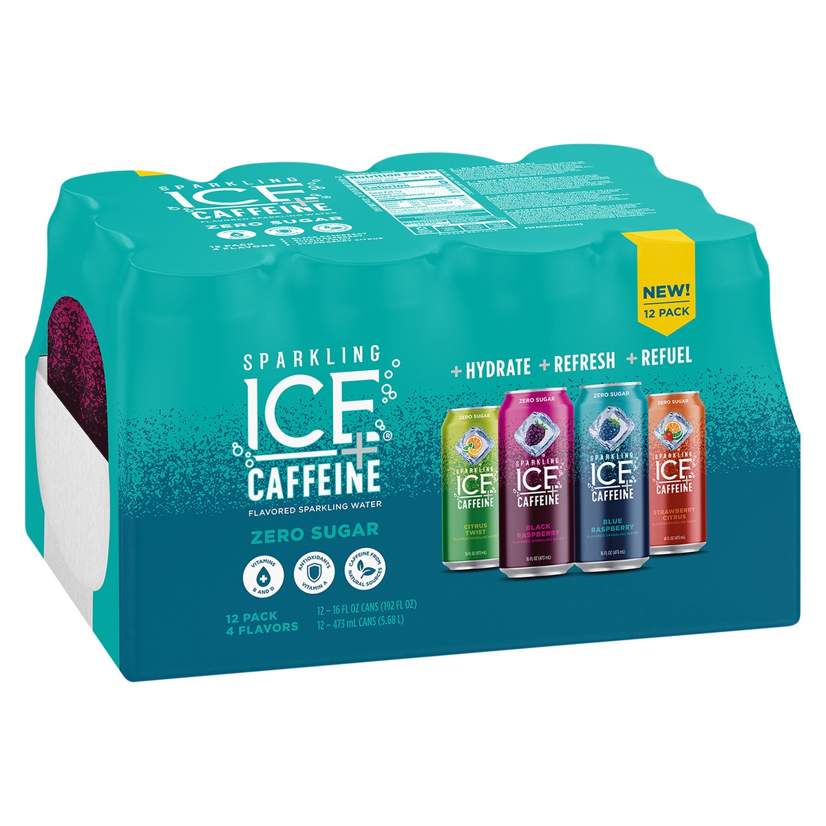 slide 2 of 7, Sparkling Ice +Caffeine Variety Pack-Black Raspberry/Blue Raspberry/Strawberry Citrus/Citrus Twist 12 16oz Can, 192 fl oz