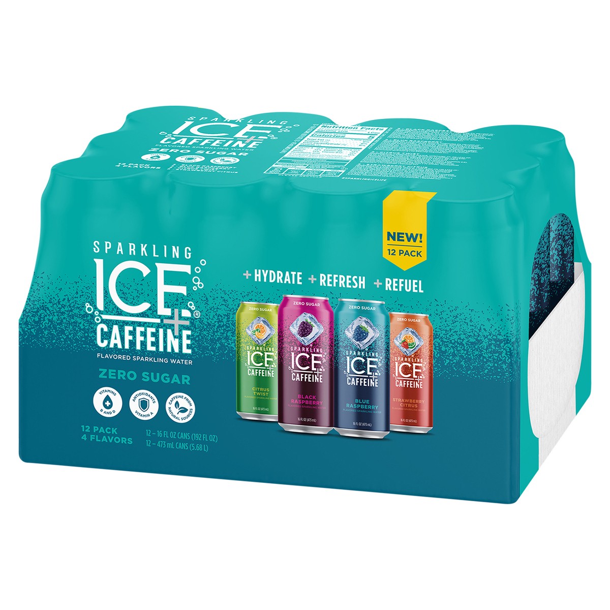 slide 3 of 7, Sparkling Ice +Caffeine Variety Pack-Black Raspberry/Blue Raspberry/Strawberry Citrus/Citrus Twist 12 16oz Can, 192 fl oz