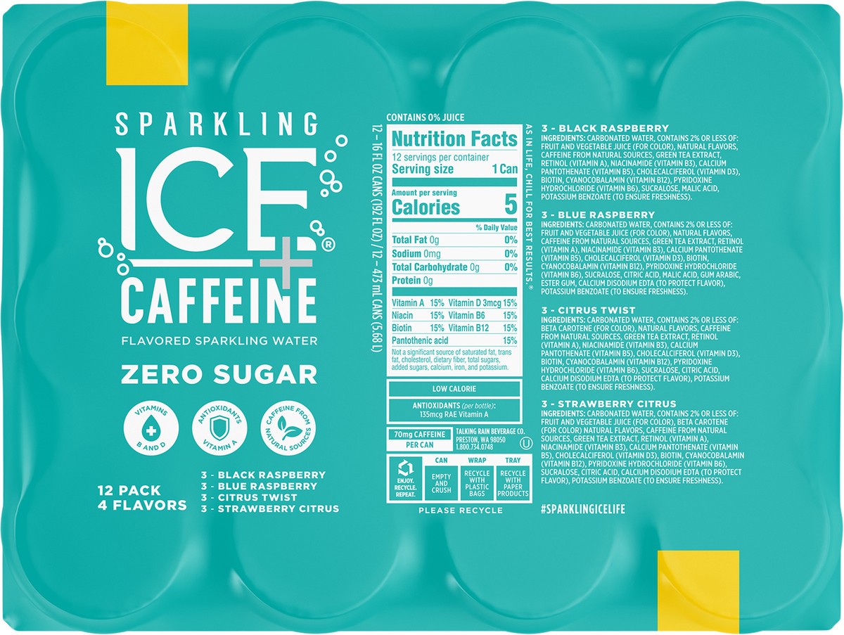 slide 7 of 7, Sparkling Ice +Caffeine Variety Pack-Black Raspberry/Blue Raspberry/Strawberry Citrus/Citrus Twist 12 16oz Can, 192 fl oz