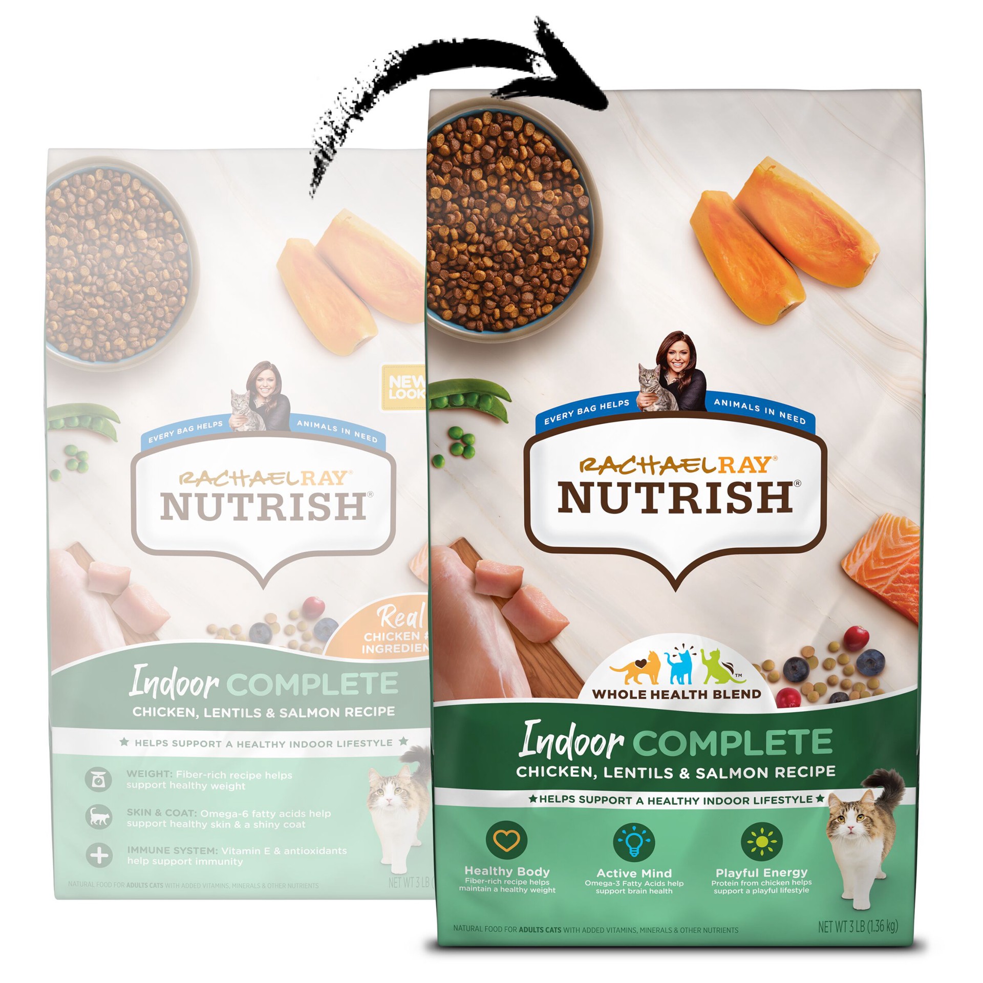 slide 3 of 10, Rachael Ray Nutrish Indoor Complete Chicken with Salmon & Lentils Dry Cat Food, 3 lb