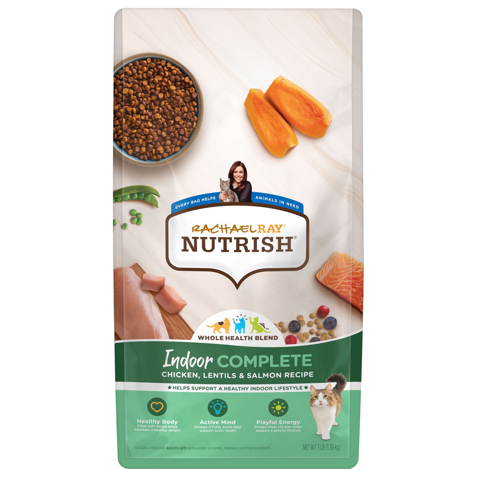 slide 1 of 10, Rachael Ray Nutrish Indoor Complete Chicken, Lentils & Salmon Recipe Dry Cat Food, 3 lb. Bag, 3 lb