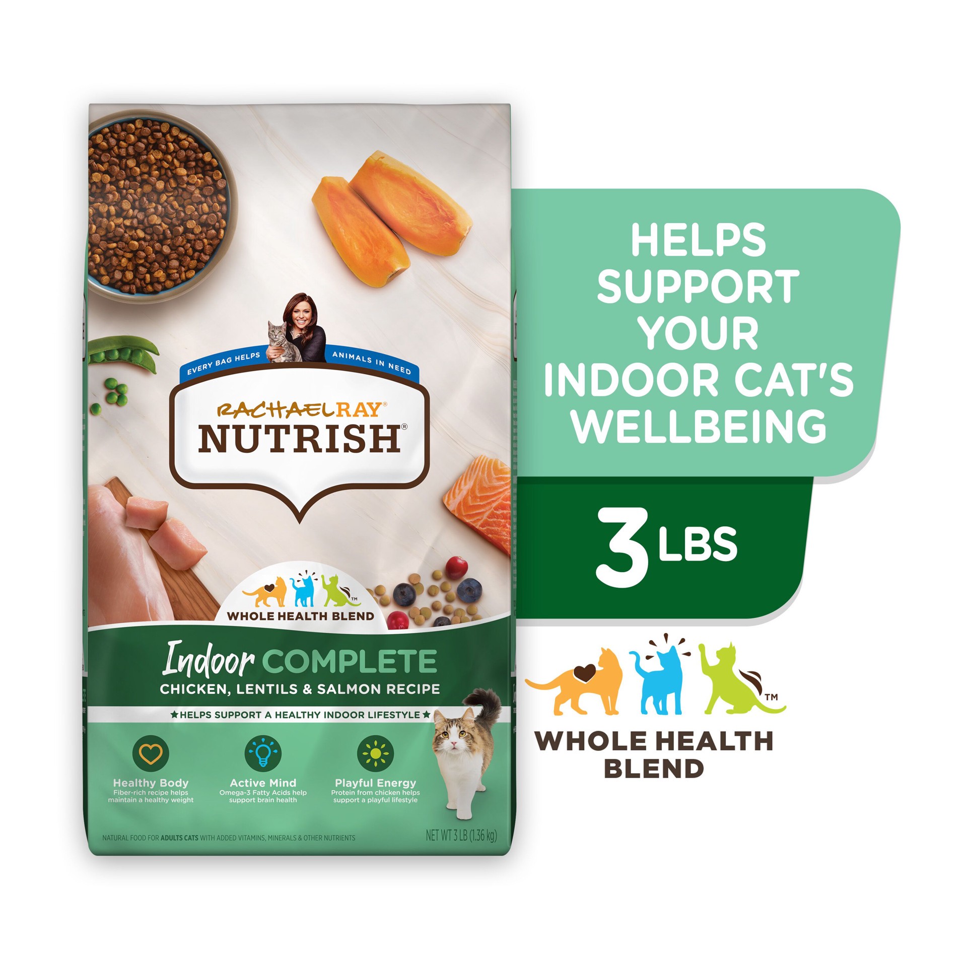 slide 10 of 10, Rachael Ray Nutrish Indoor Complete Natural Dry Cat Food, Chicken with Lentils & Salmon Recipe, 3 lbs, 3 lb