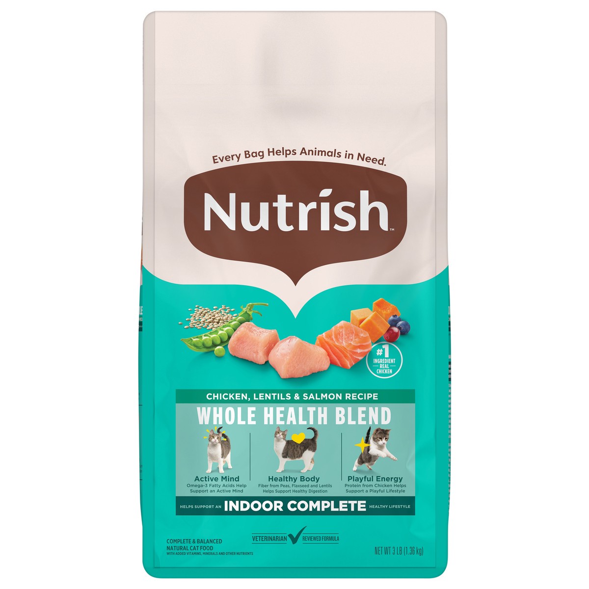 slide 1 of 10, Rachael Ray Nutrish Indoor Complete Chicken With Salmon & Lentils Dry Cat Food, 48 oz