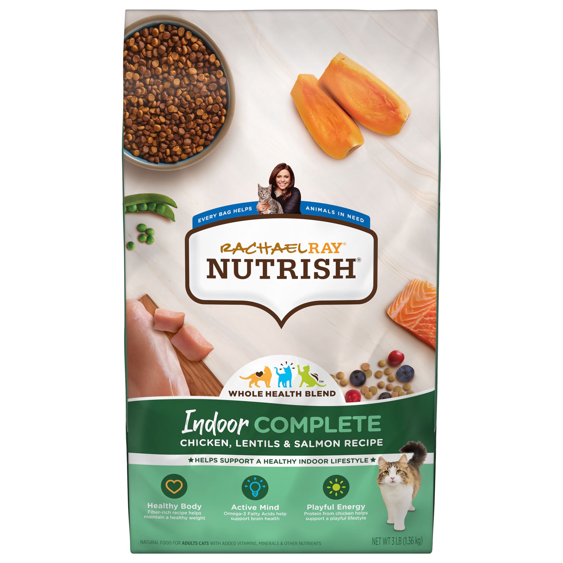 slide 1 of 10, Rachael Ray Nutrish Indoor Complete Chicken with Salmon & Lentils Dry Cat Food, 3 lb