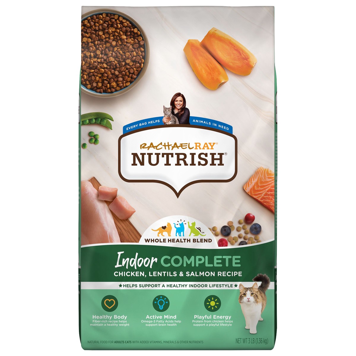 slide 1 of 10, Rachael Ray Nutrish Indoor Complete Natural Dry Cat Food, Chicken with Lentils & Salmon Recipe, 3 lbs, 3 lb