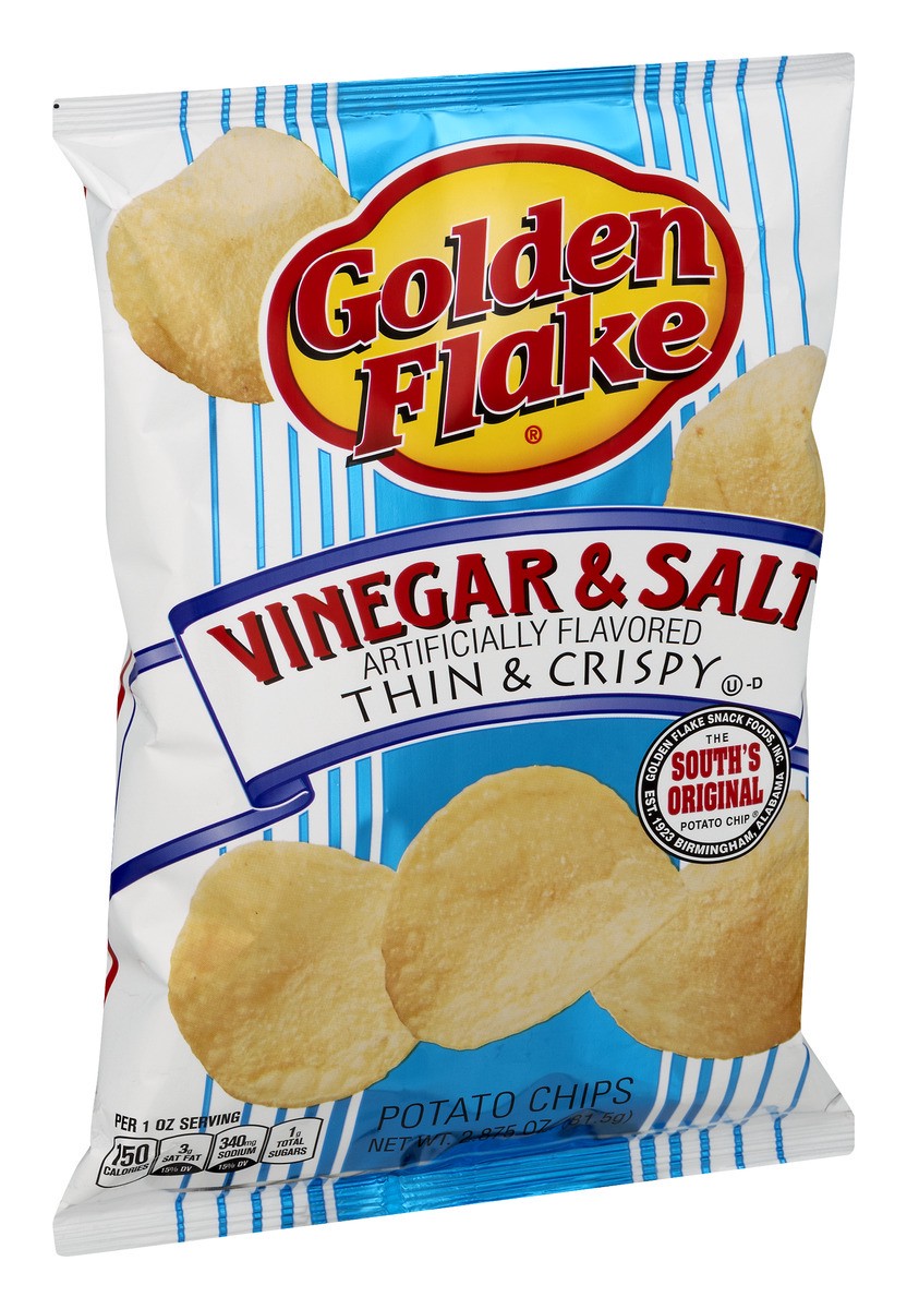 slide 10 of 11, Golden Flake Thin & Crispy Potato Chips Vinegar & Salt, 2.875 oz