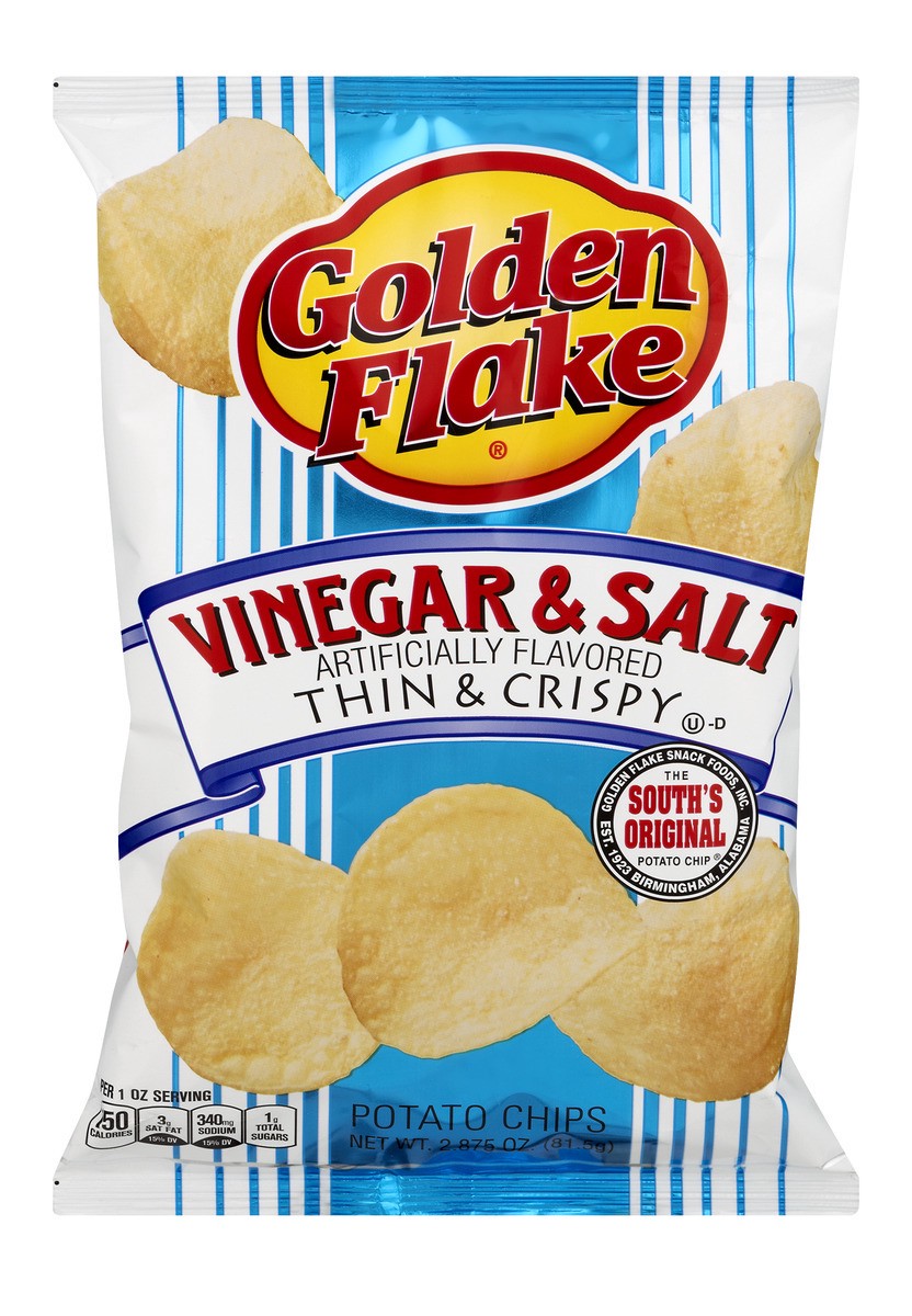 slide 1 of 11, Golden Flake Thin & Crispy Potato Chips Vinegar & Salt, 2.875 oz