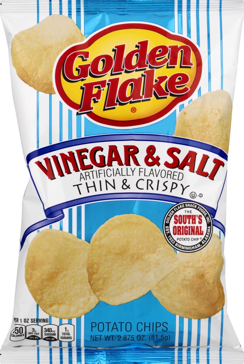 slide 2 of 11, Golden Flake Thin & Crispy Potato Chips Vinegar & Salt, 2.875 oz