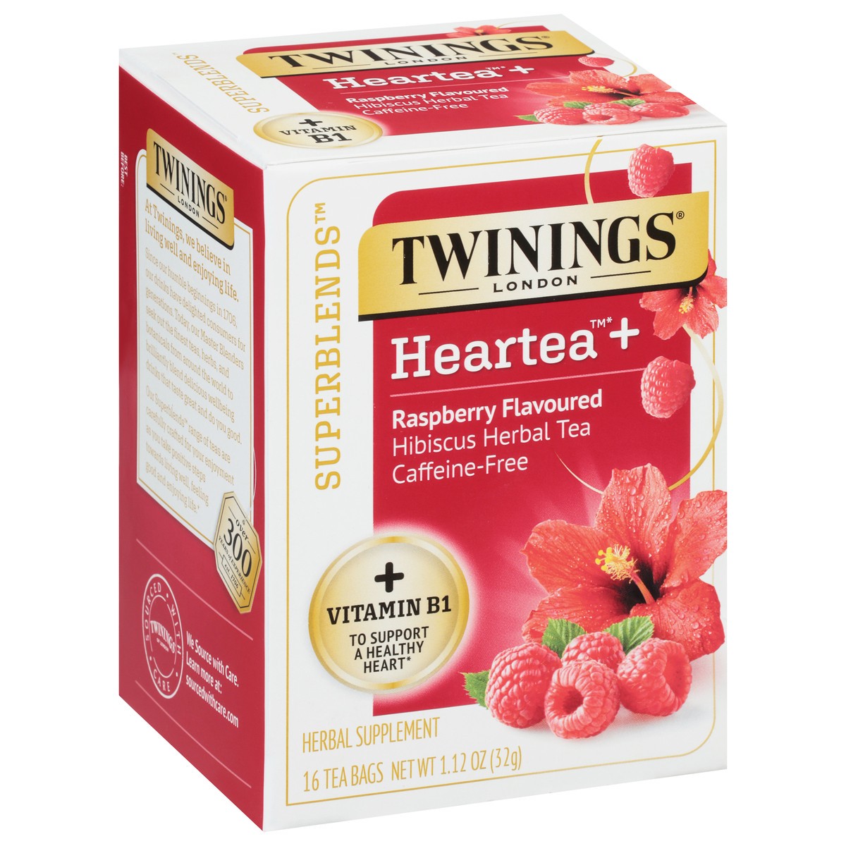 slide 1 of 9, Twinings Superblends Caffeine-Free Heartea + Raspberry Flavoured Hibiscus Herbal Tea - 1.12 oz, 1.12 oz