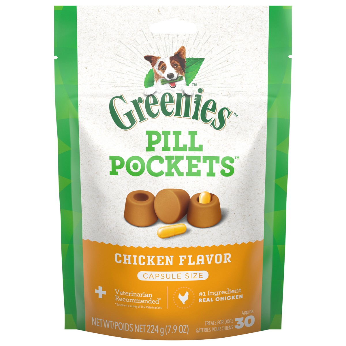 slide 1 of 9, Greenies Chewy Dog Treats Pill Pockets Chicken Capsule Size - 7.9oz/30ct, 7.9 oz, 30 ct