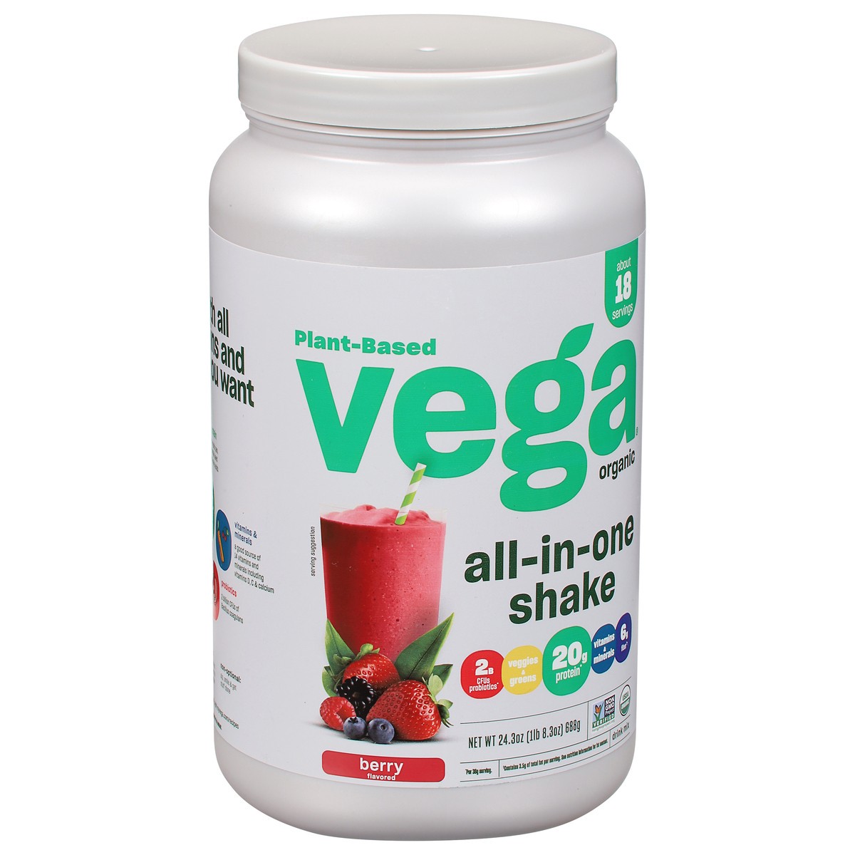 slide 2 of 9, Vega Plant-Based Organic Berry Flavored Drink Mix 24.3 oz, 30 oz