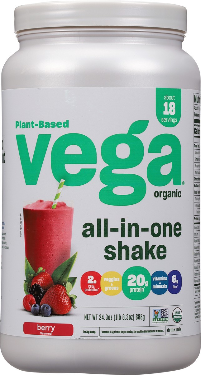 slide 6 of 9, Vega Plant-Based Organic Berry Flavored Drink Mix 24.3 oz, 30 oz