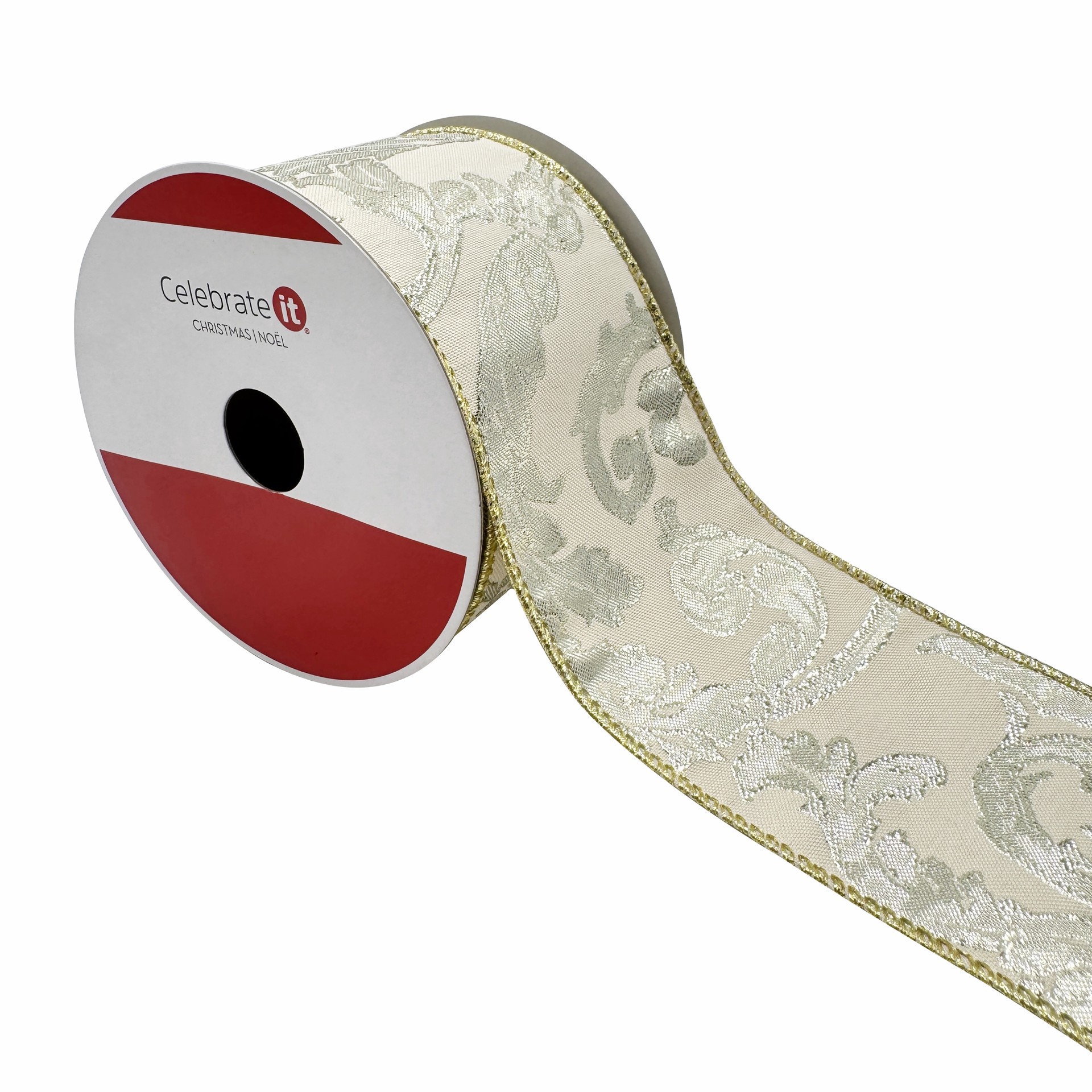 slide 3 of 3, 2.5" X 20ft. Cream & Silver Jacquard Scroll Wired Ribbon By Celebrate It, 2.5 in x 20 ft