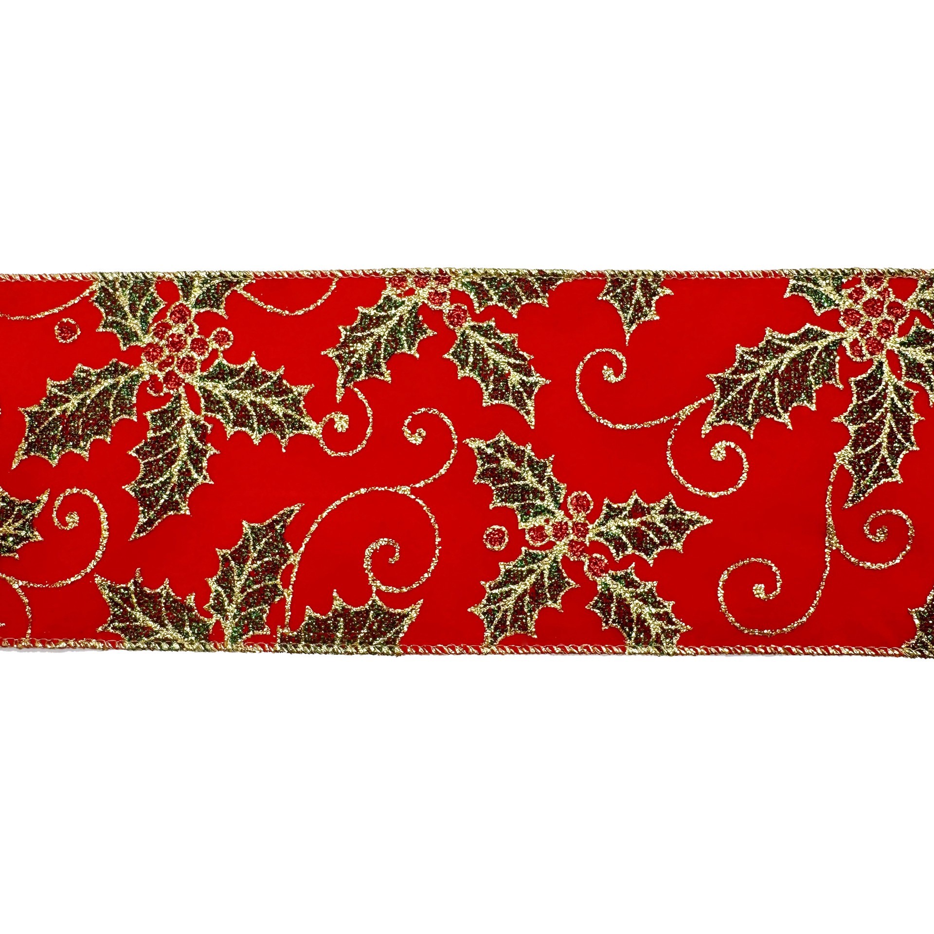 slide 2 of 3, 3.5" X 25ft. Red Glitter Holly Wired Ribbon By Celebrate It, 3.5 in x 25 ft