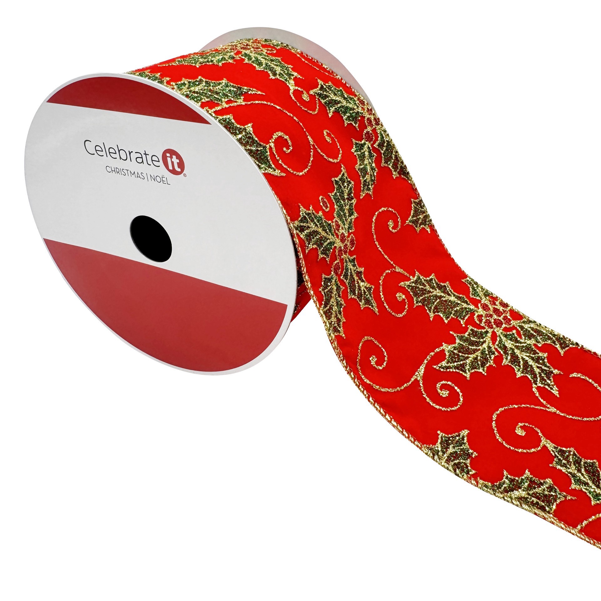 slide 3 of 3, 3.5" X 25ft. Red Glitter Holly Wired Ribbon By Celebrate It, 3.5 in x 25 ft