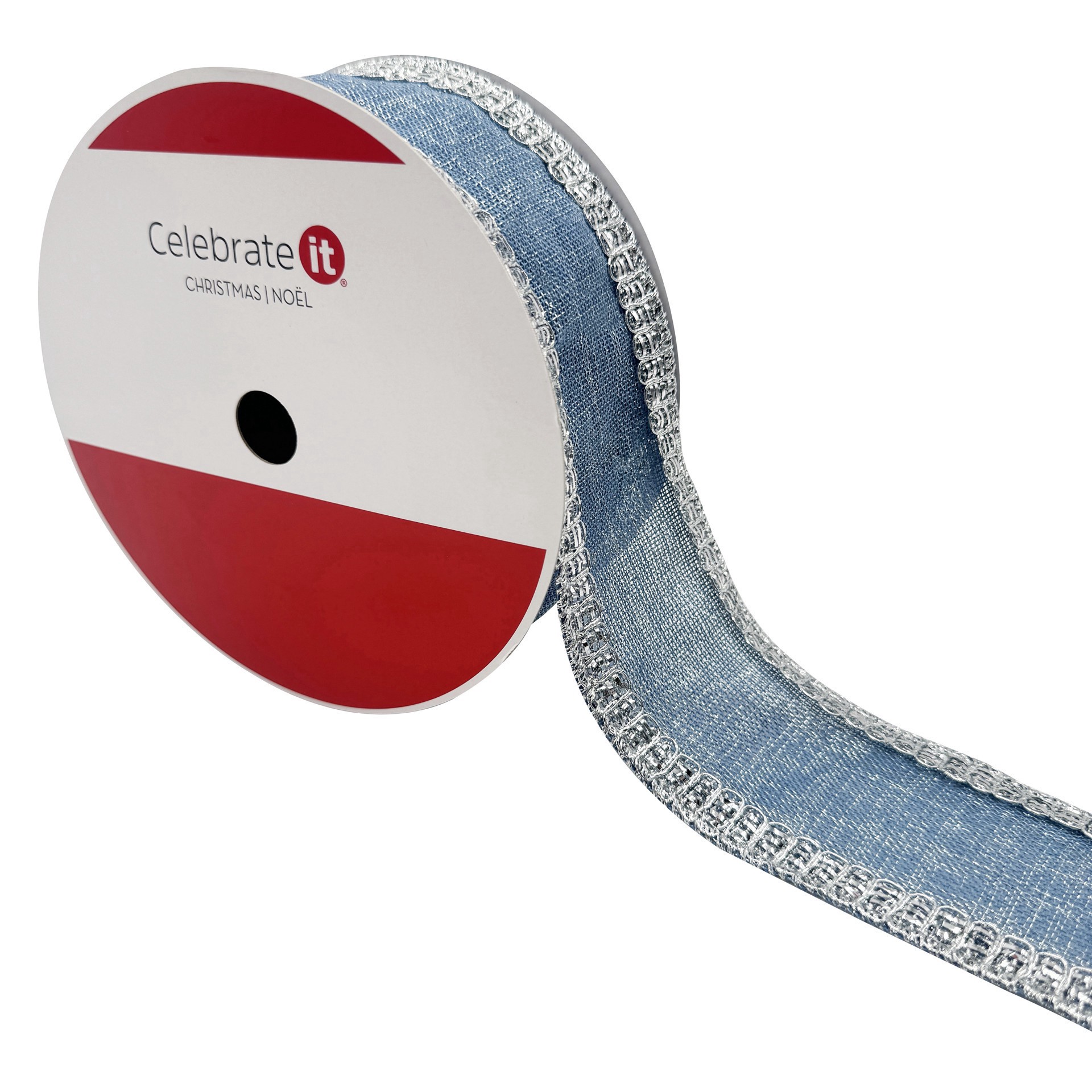 slide 3 of 3, 2.5" X 25ft. Blue & Silver Wired Faux Linen Jumbo Ribbon By Celebrate It, 2.5 in x 25 ft