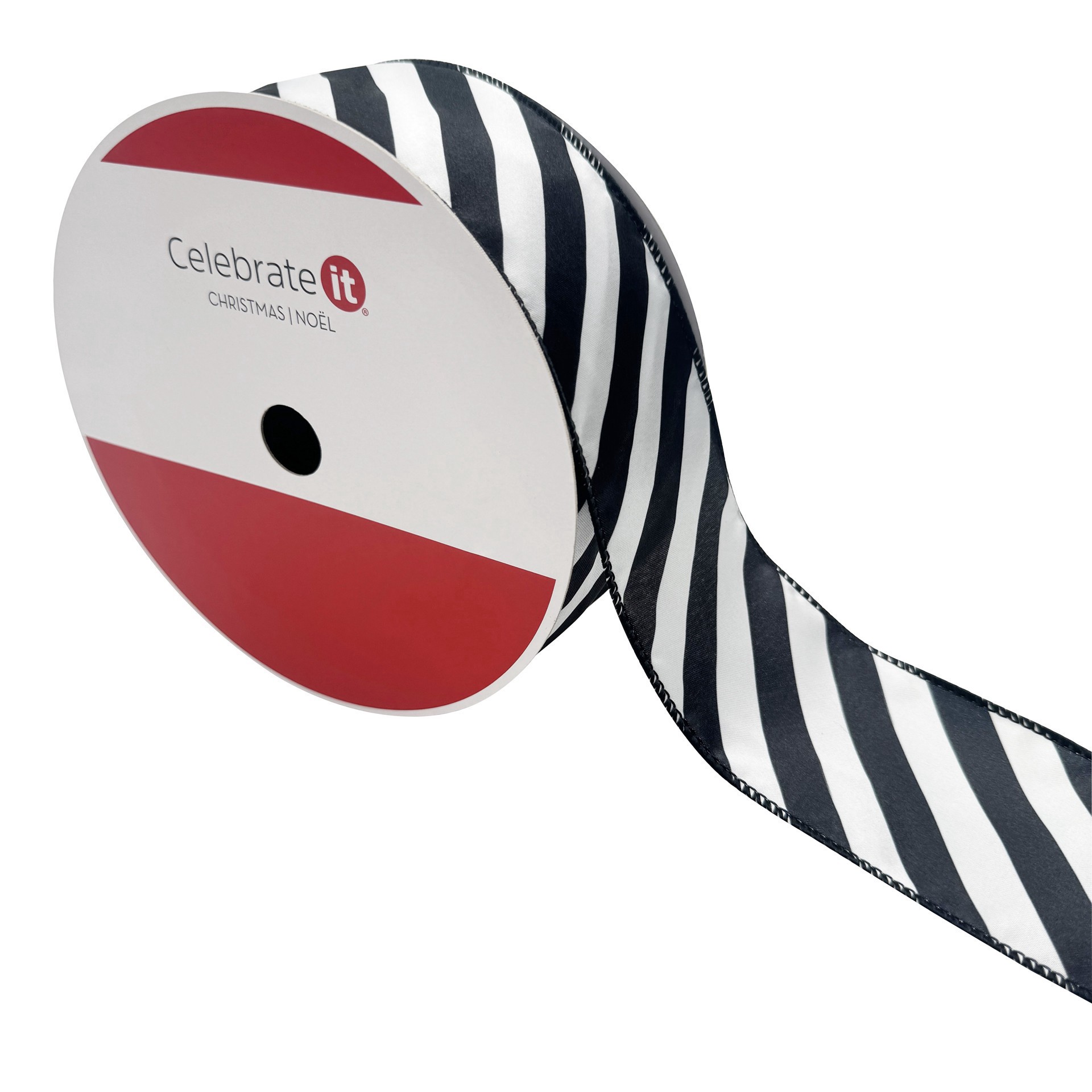 slide 3 of 3, 2.5" X 80ft. Black & White Diagonal Stripes Wired Ribbon By Celebrate It, 2.5 in x 80 ft