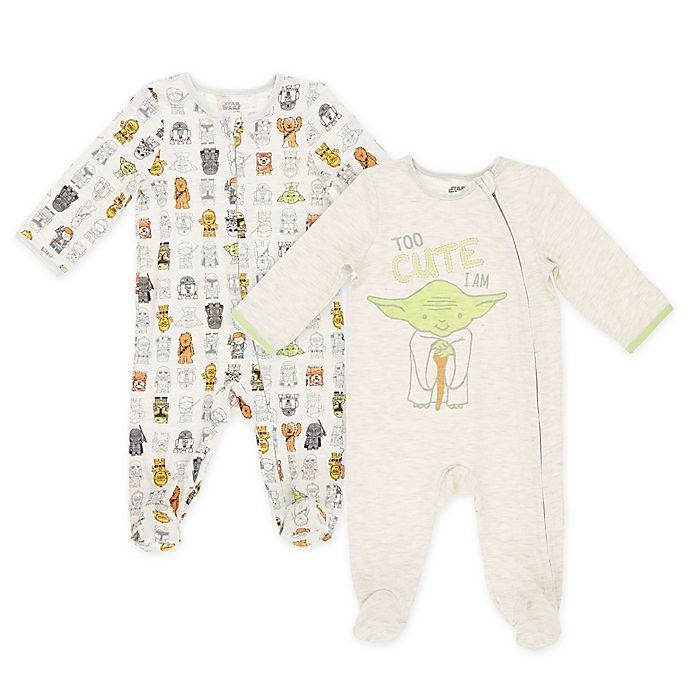 slide 1 of 3, Star Wars Yoda Newborn Zip-Front Sleep & Play Footies - White/Grey, 2 ct