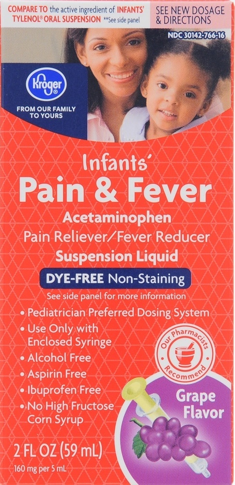 slide 1 of 1, Kroger Infants' Dye-Free Pain & Fever Suspension Liquid, 2 fl oz