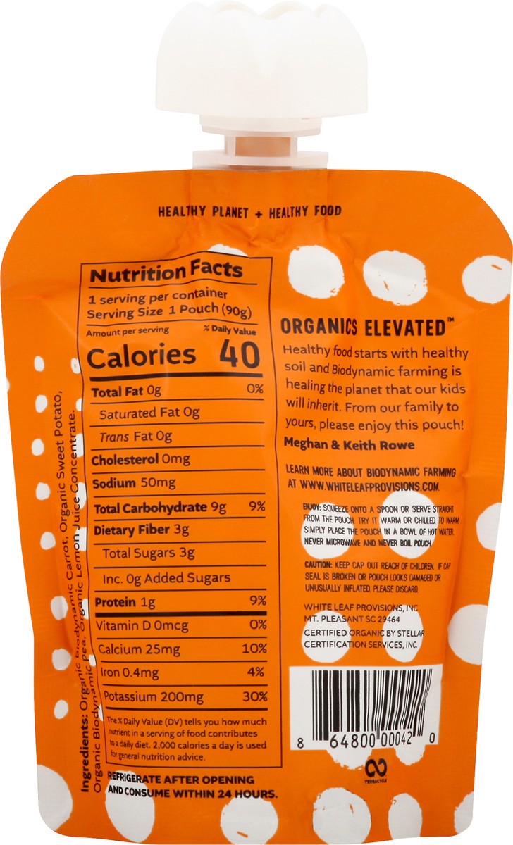 slide 14 of 14, White Leaf Provisions Carrot, Sweet Potato & Pea Biodynamic Baby Food, 90 gram