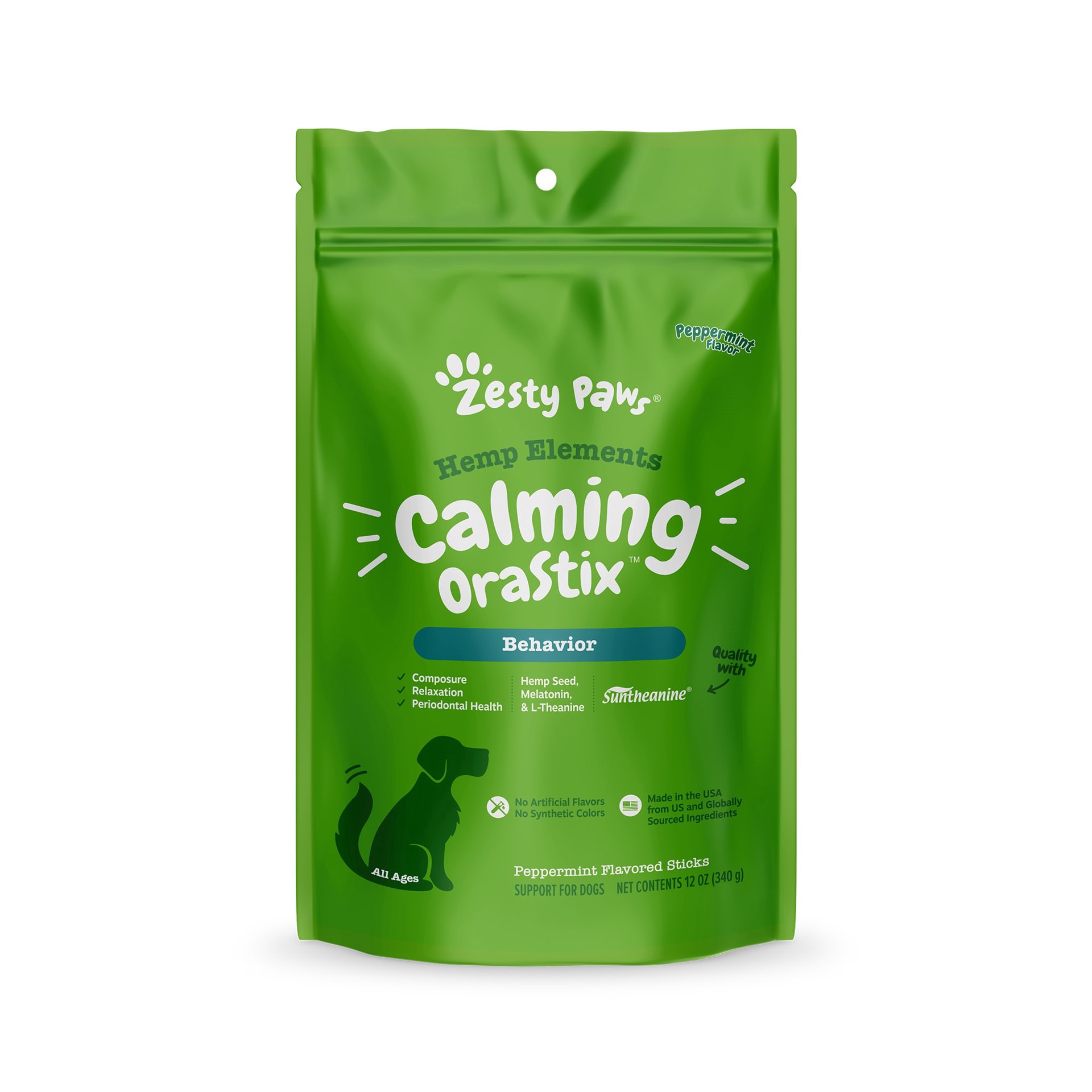 slide 1 of 1, Zesty Paws Hemp Elements Calming OraStix Dental Chews Dog Supplement, 12 oz