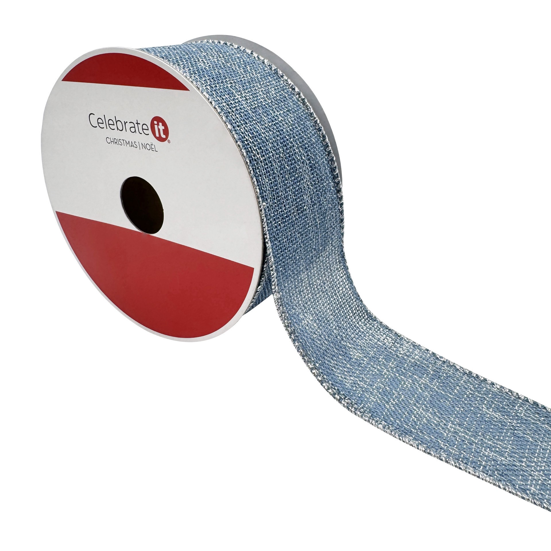 slide 2 of 3, 1.5" X 30ft. Light Blue & Silver Wired Faux Linen Ribbon By Celebrate It, 1.5 in x 30 ft