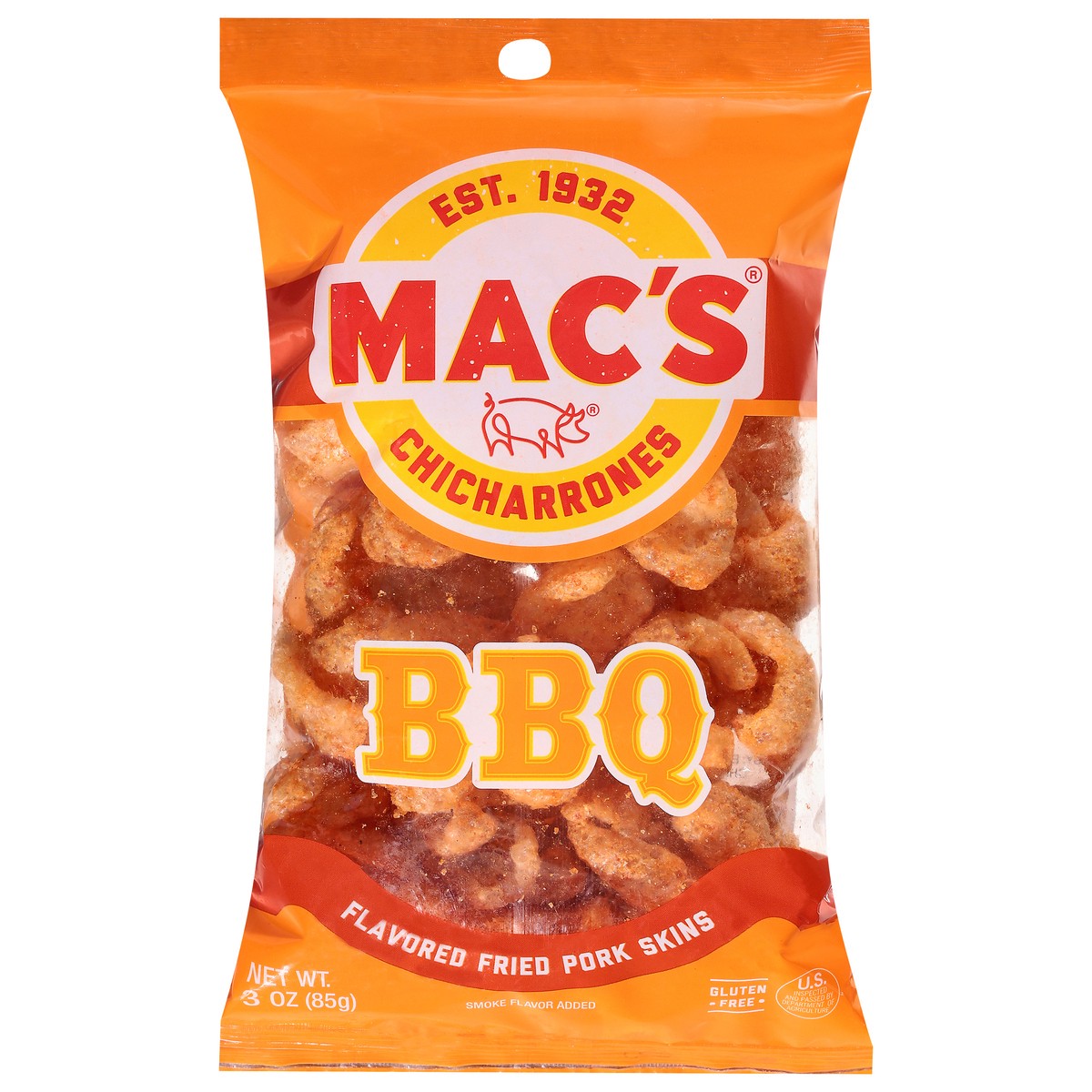 slide 1 of 14, Mac's BBQ Flavored Fried Pork Skins 3 oz, 3 oz