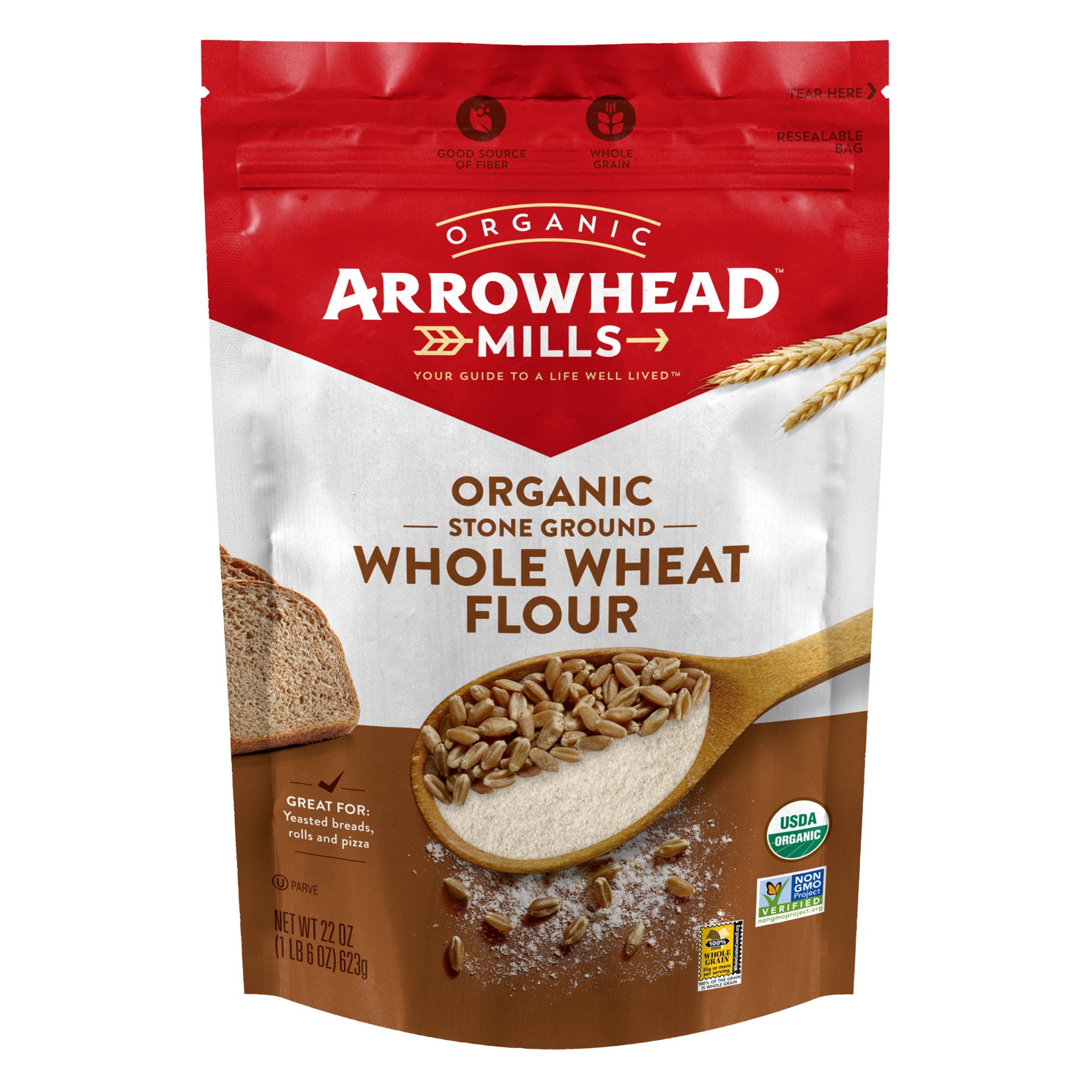 slide 1 of 12, Arrowhead Mills Stone Ground Organic Whole Wheat Flour, 22 oz Bag, 22 oz