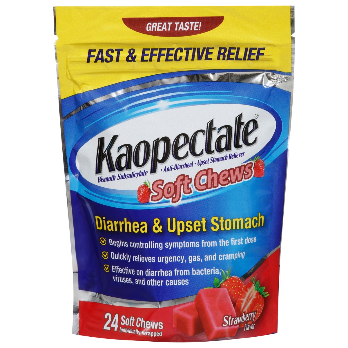 slide 2 of 15, Kaopectate Strawberry Flavor Diarrhea & Upset Stomach 24 Soft Chews, 24 ct