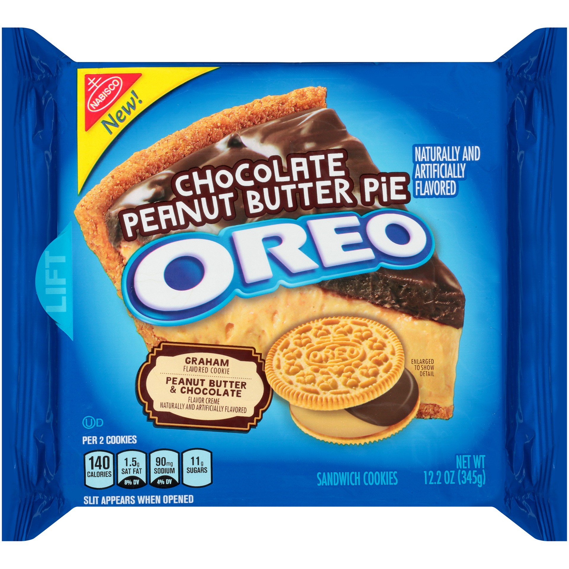 slide 1 of 5, OREO Chocolate Peanut Butter Pie Sandwich Cookies, 1 Resealable 12.2 oz Pack, 0.8 lb